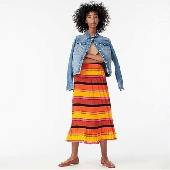 NEW Sz 0 J. Crew Straight-Pleat Skirt in Orange Pink Striped Printed midi AR478 - Picture 4 of 5